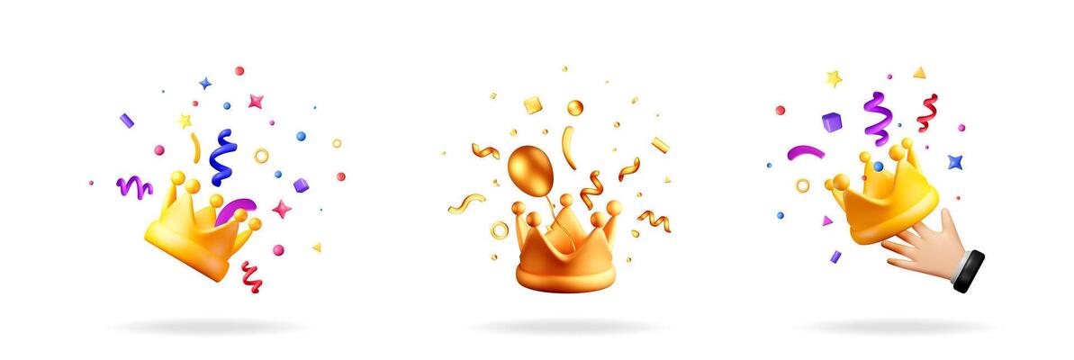 Gold crown set. Royalty concept. Confetti and sprinkles explosion. illustration for greeting card and party invitation.