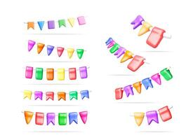 Set collection of 3D colorful bunting flags and garland banners. Festive decoration element for celebration, party, or birthday. vector