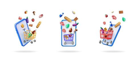 Set of three smartphones with shopping carts full of flying groceries for online ordering. Digital commerce concept. vector