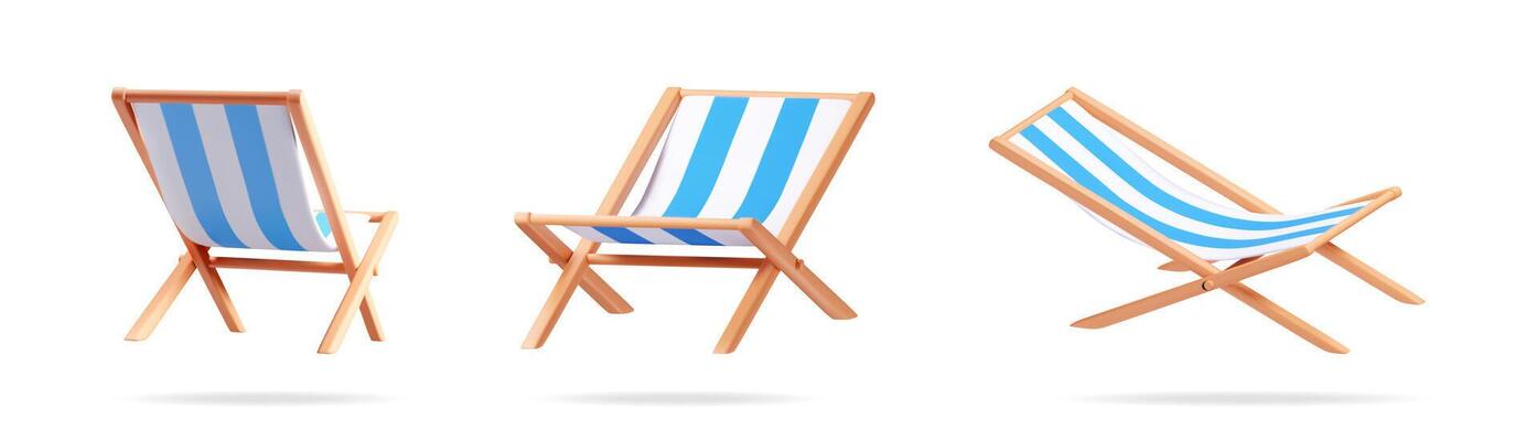 Set of three folding beach chair with blue and white stripes. Summer vacation and travel minimal concept. 3d stock illustration isolated on white.