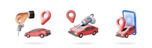 Hand with car key, key in car, car with map pin and smartphone app. Rental vehicle, insurance, buy, sell concept. vector