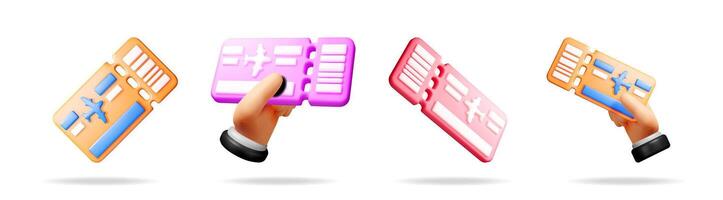 Set of 3d flight tickets. Render of airline tickets, travel and booking air trip concept for web. vector