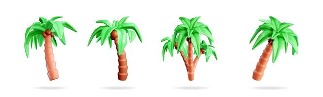 Set of 3d rendering tropical palm tree object. Summer vacation concept with green leaf. Paradise island journey design element. vector