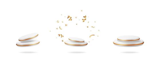 Three white round podiums and golden confetti isolated on white background. Empty pedestal shapes for product display. Minimalistic stage for modern presentation. vector