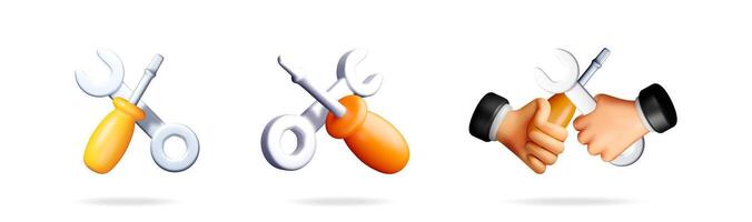 Three 3d icons of crossed wrench and screwdriver. Maintenance, repair and setting tools with hands icon. vector