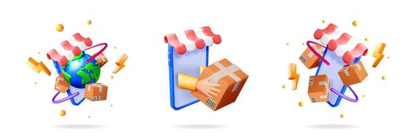 Shopping cart of online store with awning. Delivery service concept for mobile app. Marketing promotion, special offer. vector