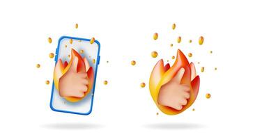 Thumbs up hand gesture on social media, phone application icon. Popularity, feedback, and engagement concept. Trendy 3D rendering elements. vector
