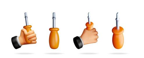 Man's hand holding a flathead screwdriver in a 3d cartoon style, isolated on a white background, repair tool concept. vector