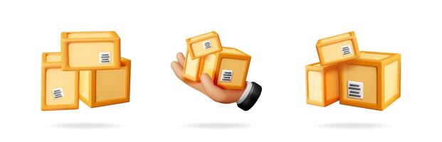 Hand holding carton box delivery package. Human arm with shipment. Parcel, logistic, fast shipping. For express post service. vector