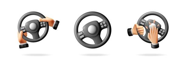 Steering wheel illustration set with cartoon hands. Drive concept, car control, and gaming design for web. vector