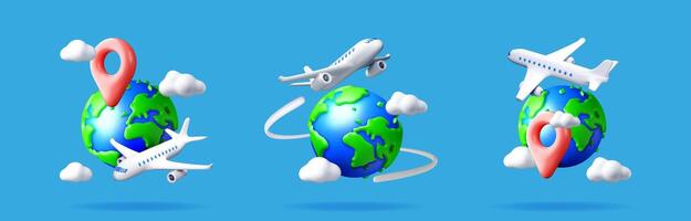 Set of three 3d globes with airplane, clouds, and location pin for world travel and global journey concept. vector