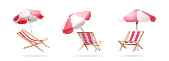 Three 3d beach chairs with red and white striped umbrella from different angles isolated on white background. Summertive vacation illustration. vector
