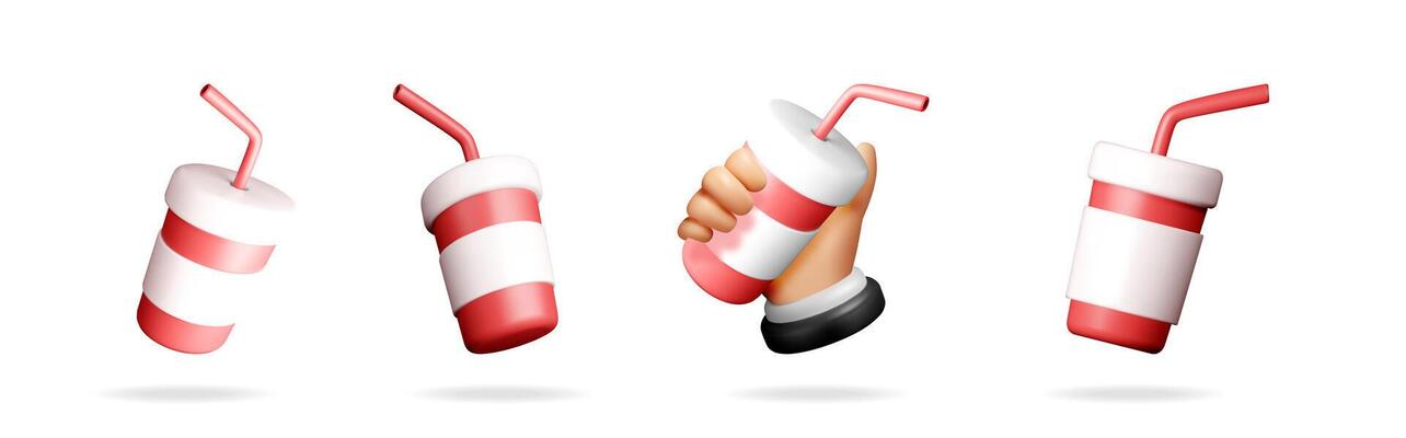 Set of soft drink cup with straw and hand holding soda cup for fast food and street beverage concept.