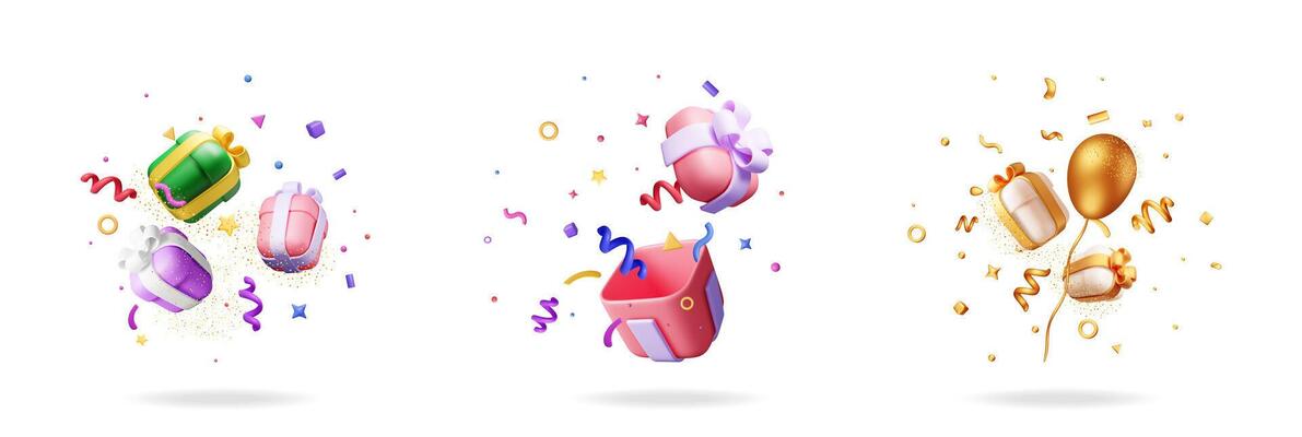 Three 3d gifts with a balloon, decorative elements, confetti. Holiday surprise for event, birthday, Christmas, New Year. Stock set collection.