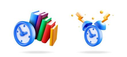 3d alarm clock and colorful books on white background. Time management and education concept for banner or ad. vector