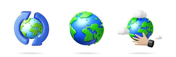 Set of 3D globe icons, one with recycling arrows, one plain earth, and one with a hand and clouds, for environmental concepts. vector