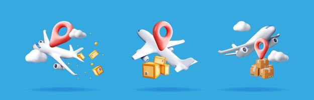 Airplanes with location pin delivering packages in a 3d stock set collection for global shipping concept. vector