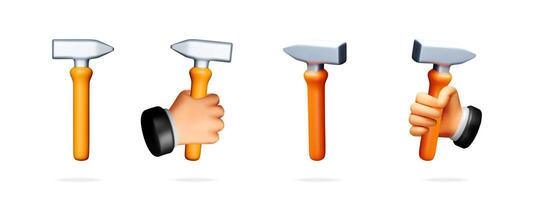 Set of volumetric hammers with different head shapes, one held by a man's hand. Repair tool for construction. Labor Day concept. vector