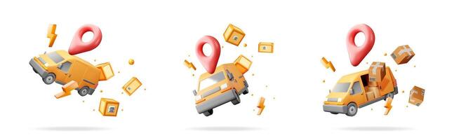 Three 3d illustrations of delivery vans, address pin and flying packages. Fast shipping concept set for commerce. vector