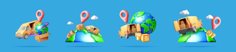 Set of 3D delivery concepts for shipment and transportation. Global logistic service with earth, van, box, and pin. For delivery company website. vector