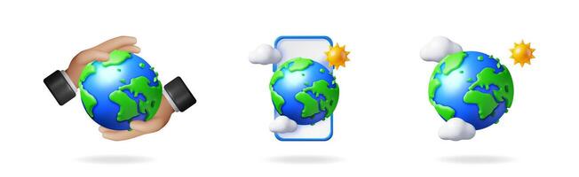 3d cartoon set of globe icons. Male hand holding earth and smartphone with planet. Global environment and weather for application. vector