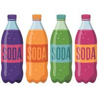 assorted fruity sparkling drinks in glass bottles with red labels isolated illustration vector