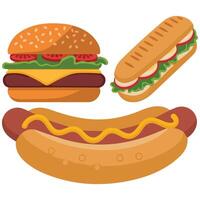 flat style fast food set with burger and hotdog isolated illustration vector