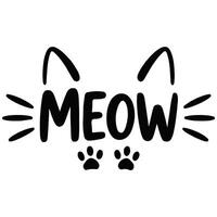 meow lettering with cat ears and whiskers isolated illustration on white background vector