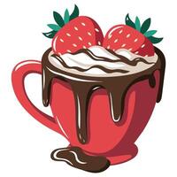 red mug of hot chocolate with strawberries isolated illustration vector