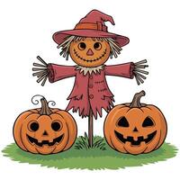 halloween scarecrow with carved pumpkins isolated vector