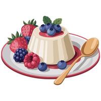 Creamy pudding with fresh berries isolated white background vector
