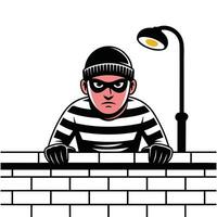 Thief peeking from behind brick wall isolated white background vector
