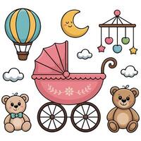 Baby items including stroller teddy isolated white background vector