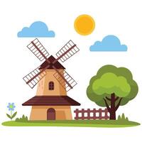 Windmill fence tree landscape isolated white background vector