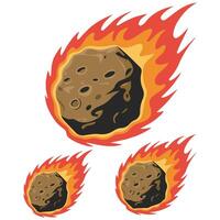 Fiery meteorite falling set isolated white background vector