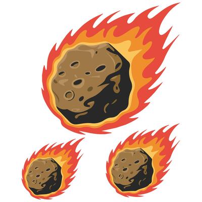 Fiery meteorite falling set isolated white background