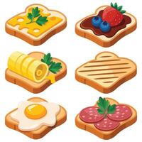 Toasts with toppings set isolated white background vector
