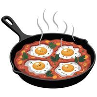 Shakshouka eggs tomato pan isolated white background vector