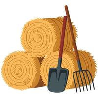 Hay bale with fork rake isolated white background vector