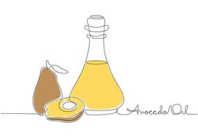 Continuous line drawing of Avocado oil in glass bottle with avocado. Representing natural wellness and healthy lifestyle. vector