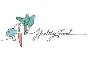 Continuous line drawing of Broccoli, carrot, and vegetables with Healthy food banner. Representing nutrition and clean eating. vector