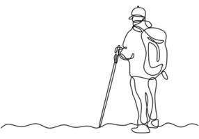 Man Hiking with Stick Continuous Line Drawing for Mountain Adventure vector