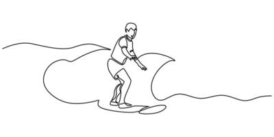 Surfer Riding Wave Continuous Line Drawing for Adventure Lifestyle vector