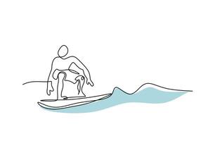 Surfer Adventure Continuous Line Drawing Riding Ocean Waves vector