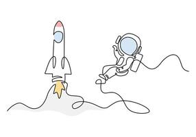 Spaceman Flying with Rocket One Line Drawing for Fun vector