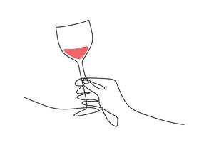 Hand with red wine continuous line drawing for luxury relaxation vector