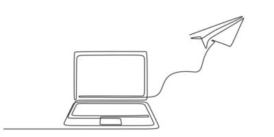 Laptop and paper airplane continuous line illustration for travel ideas vector