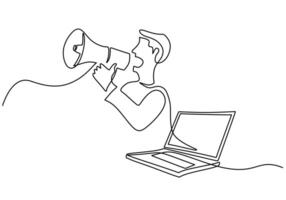 Man with Megaphone and Laptop Continuous Line Drawing for PR vector