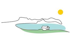 Lakeside House and Mountains One Line Drawing for Scenic View vector
