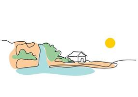 Riverside Home and Hill One Line Drawing for Natural Property View vector